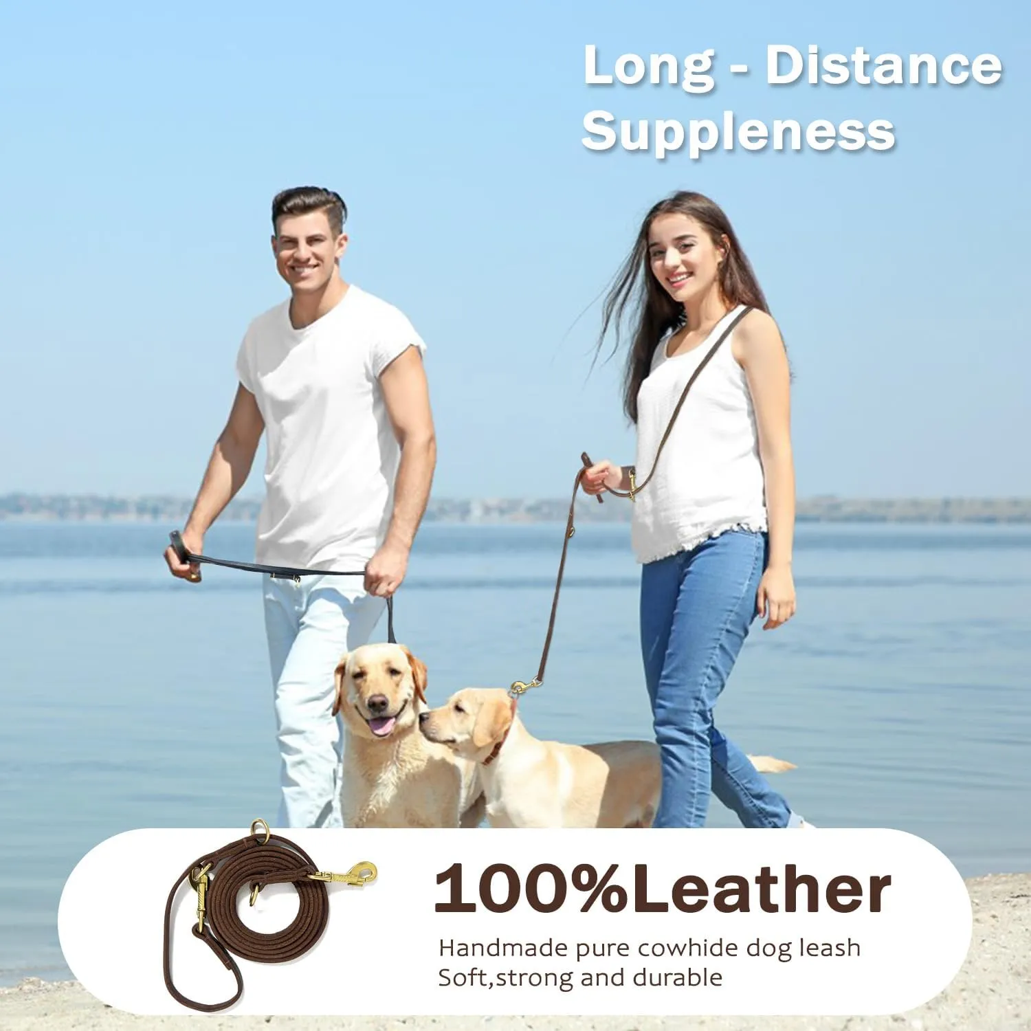 Leather Dog Leash 8ft for Small Medium Dogs, Luxurious Leather Puppy Leash with Multi-Function and Hands-Free, Durable Double - Stitched Lead for Walking & Running (Brown)