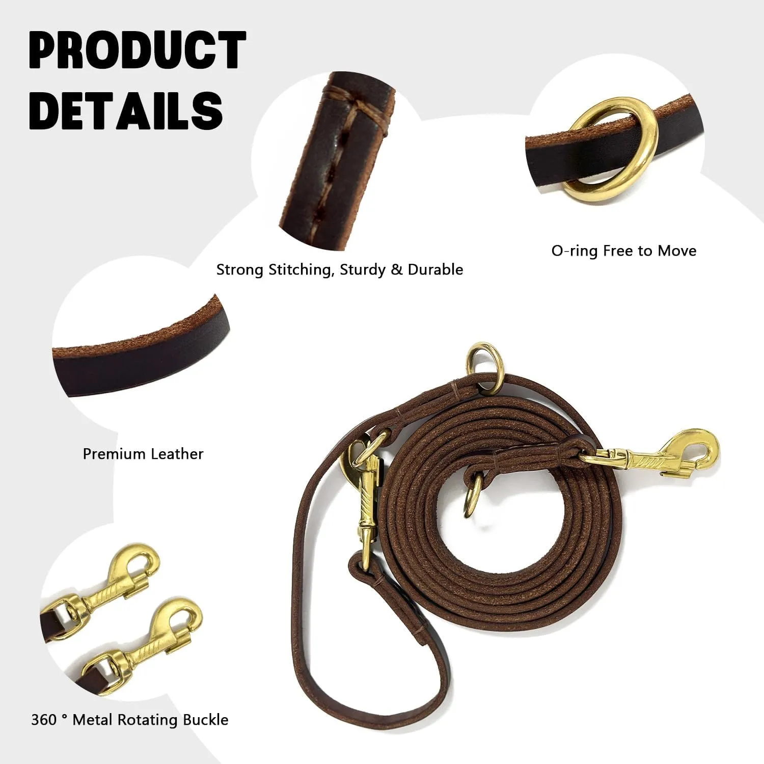 Leather Dog Leash 8ft for Small Medium Dogs, Luxurious Leather Puppy Leash with Multi-Function and Hands-Free, Durable Double - Stitched Lead for Walking & Running (Brown)