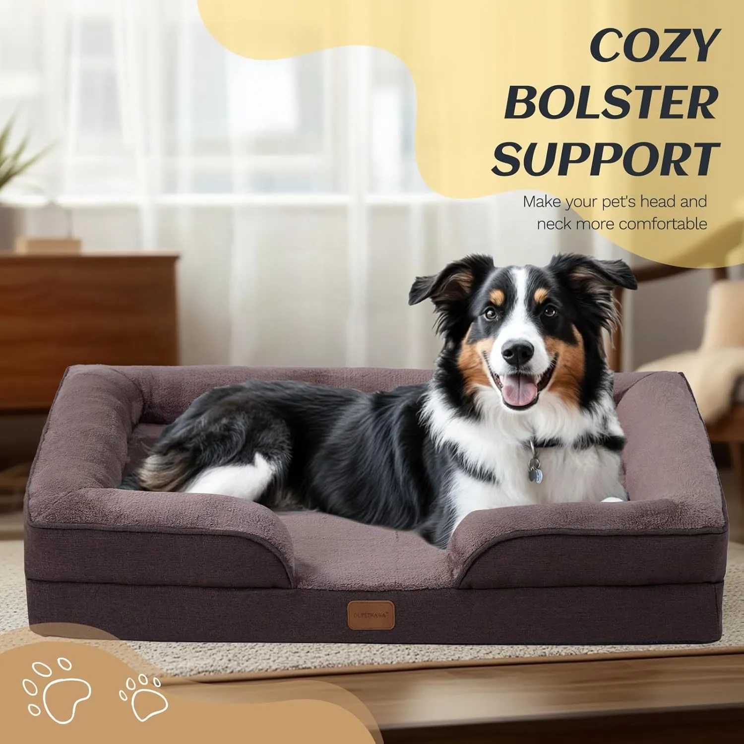 Medium Dog Bed Orthopedic with Bolster Sides Removable Egg-Crate Foam Waterproof Liner Pet Bed Sofa Couch with Removable Washable Cover Non-Slip Bottom, Dark Brown