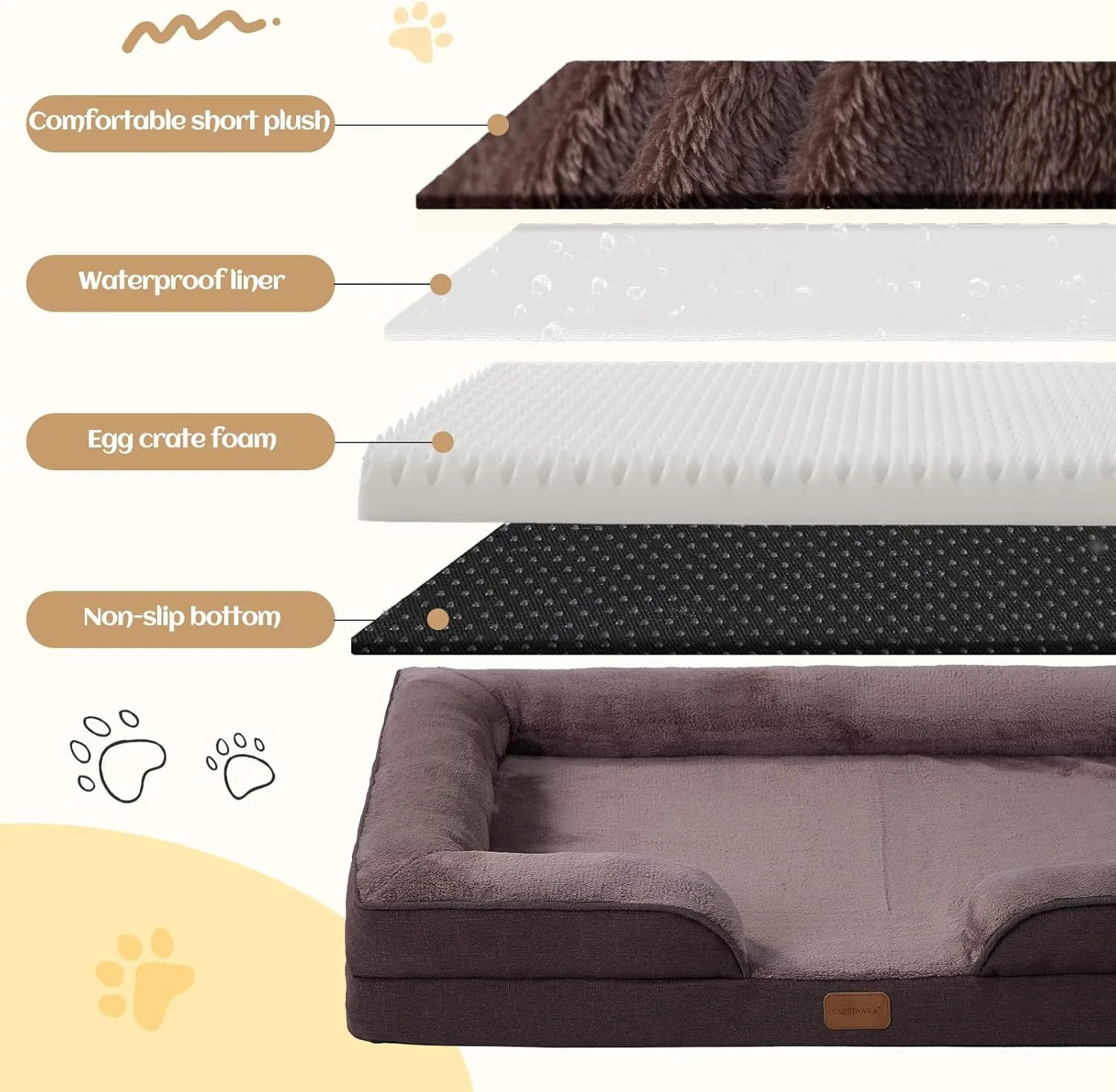 Medium Dog Bed Orthopedic with Bolster Sides Removable Egg-Crate Foam Waterproof Liner Pet Bed Sofa Couch with Removable Washable Cover Non-Slip Bottom, Dark Brown