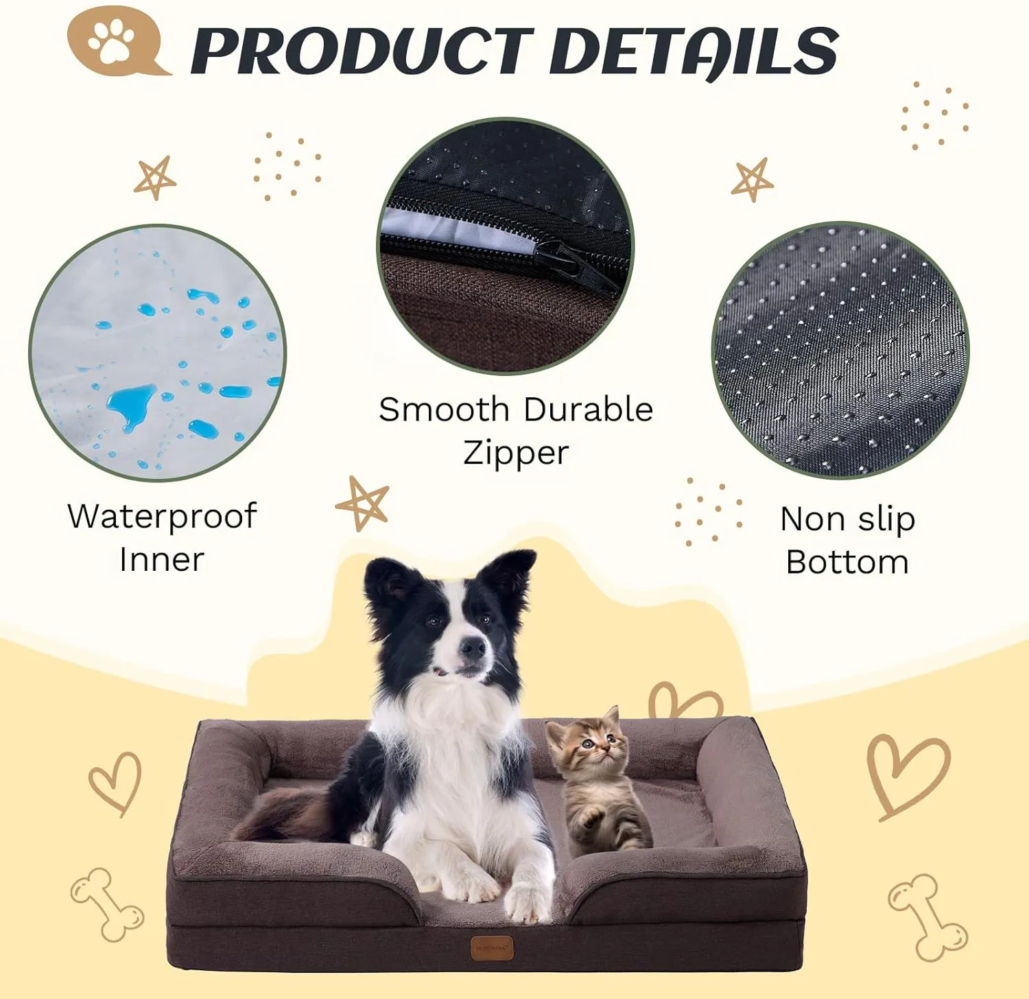 Medium Dog Bed Orthopedic with Bolster Sides Removable Egg-Crate Foam Waterproof Liner Pet Bed Sofa Couch with Removable Washable Cover Non-Slip Bottom, Dark Brown