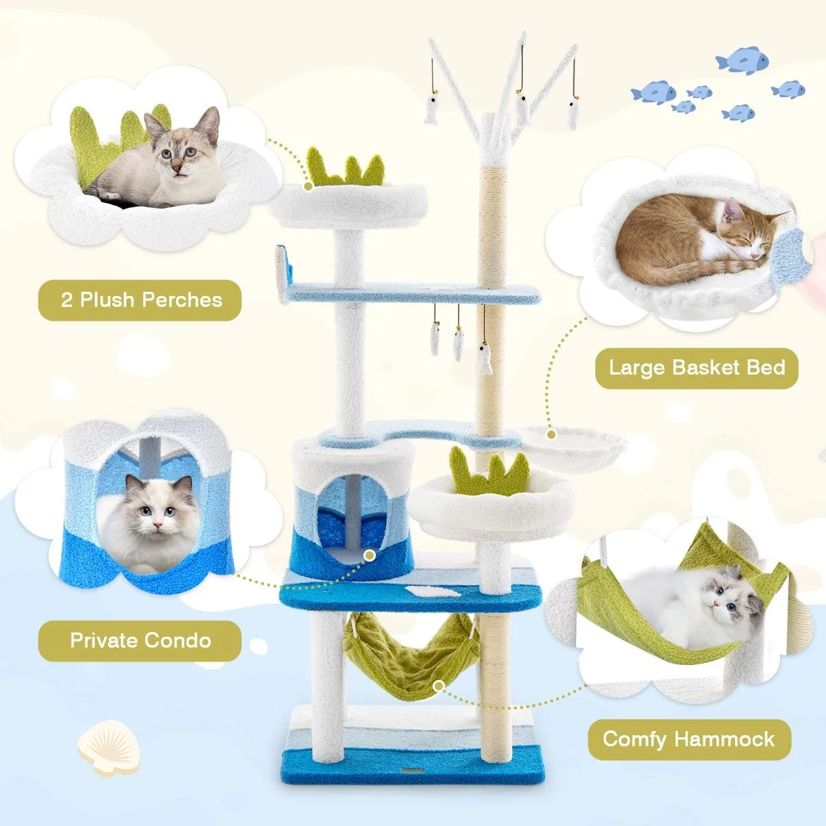 Multi-level Cat Tower with Sisal Covered Scratching Posts-Blue