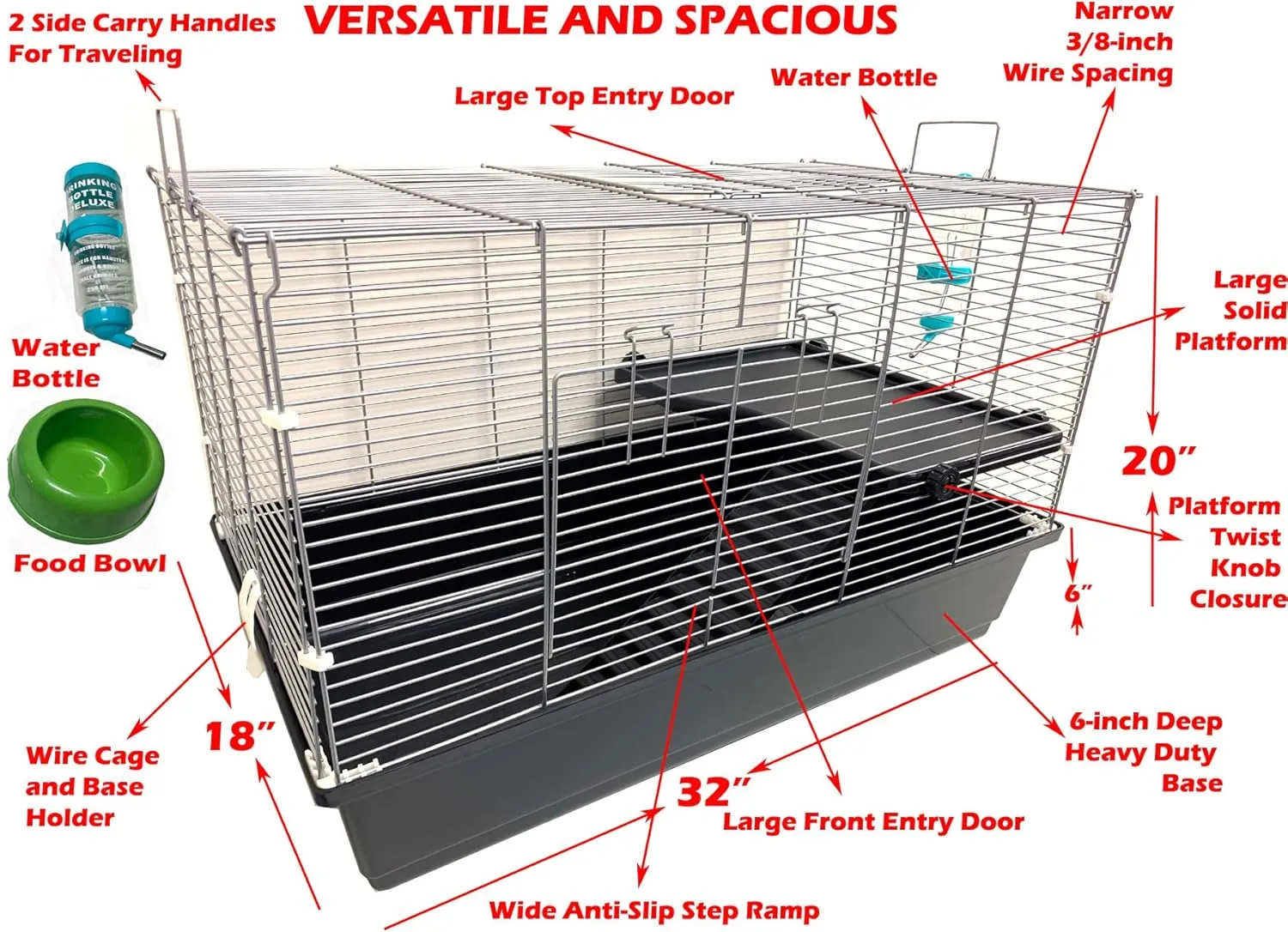 My First Home Large Two-Level Habitat Narrow 3/8-inch Bar Spacing for Exotics Pet Guinea Pig Hedgehog Hamster Gerbil Rat Mice Rodent
