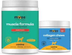 MYOS Canine Muscle & Joint Support Bundle  Fortetropin Powder with Green Lipped Mussel (396g)   Bacon-Flavored Mobility Chews with Collagen & Glucosamine (60 Count)