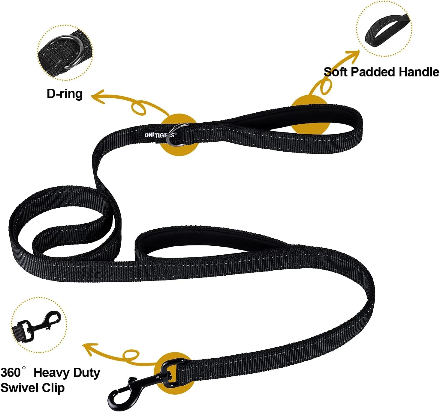 OneTigris Handled No-Pull Dog Walking Leash Long Traffic Leads for Medium to Large Dogs (Black, 4FT)