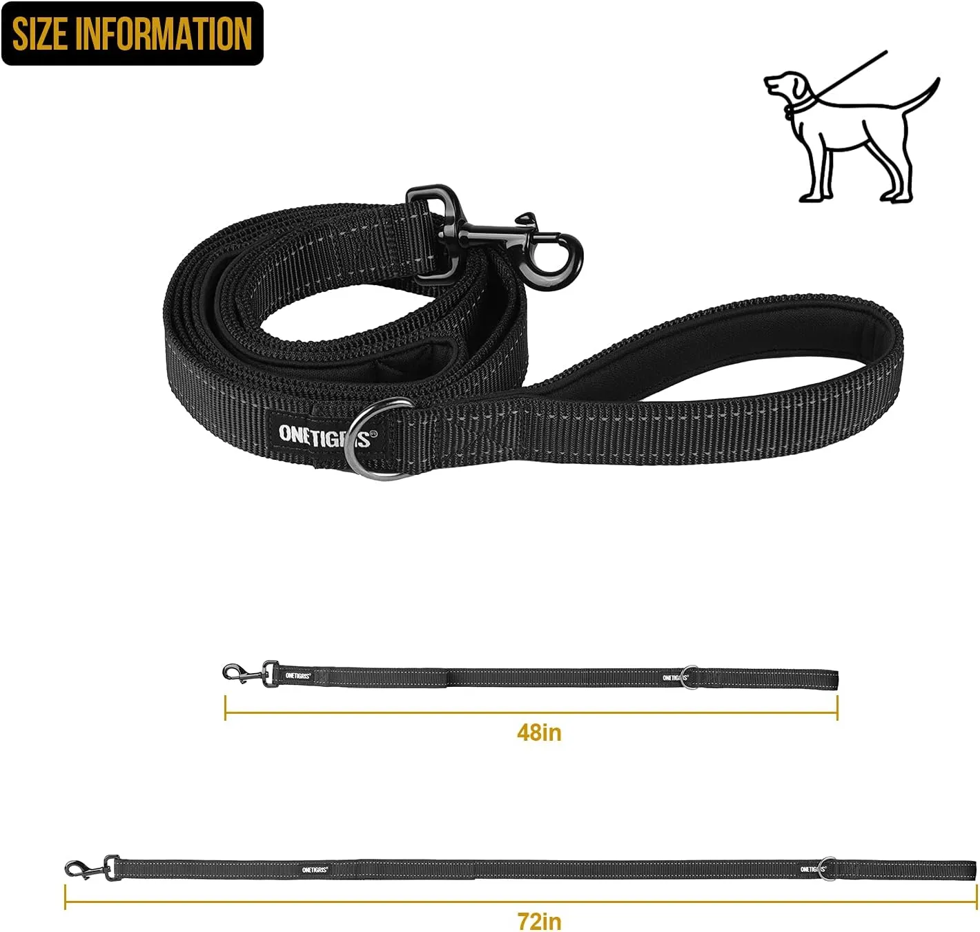 OneTigris Handled No-Pull Dog Walking Leash Long Traffic Leads for Medium to Large Dogs (Black, 4FT)
