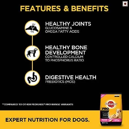 Pedigree PRO Large Breed Puppy Dry Food and Chicken Flavour Biscrok Treat Combo (3kg  900g)