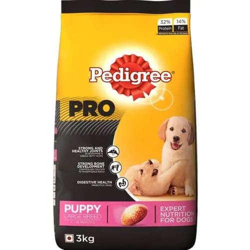 Pedigree PRO Large Breed Puppy Dry Food and Chicken Flavour Biscrok Treat Combo (3kg  900g)