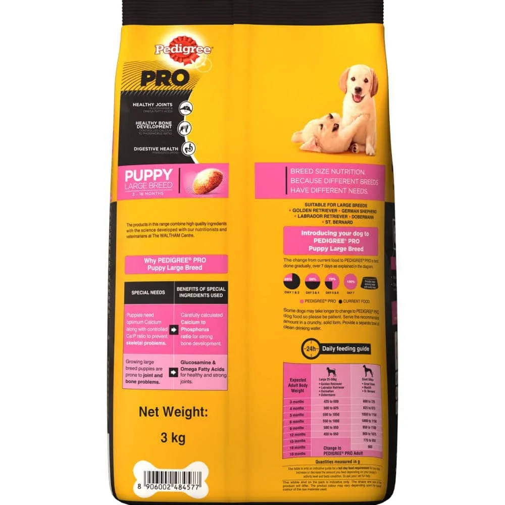 Pedigree PRO Large Breed Puppy Dry Food and Chicken Flavour Biscrok Treat Combo (3kg  900g)