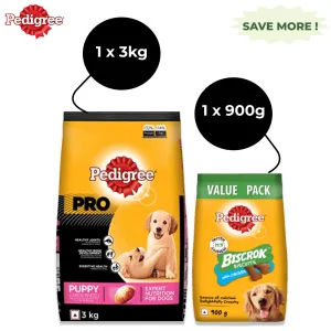 Pedigree PRO Large Breed Puppy Dry Food and Chicken Flavour Biscrok Treat Combo (3kg  900g)