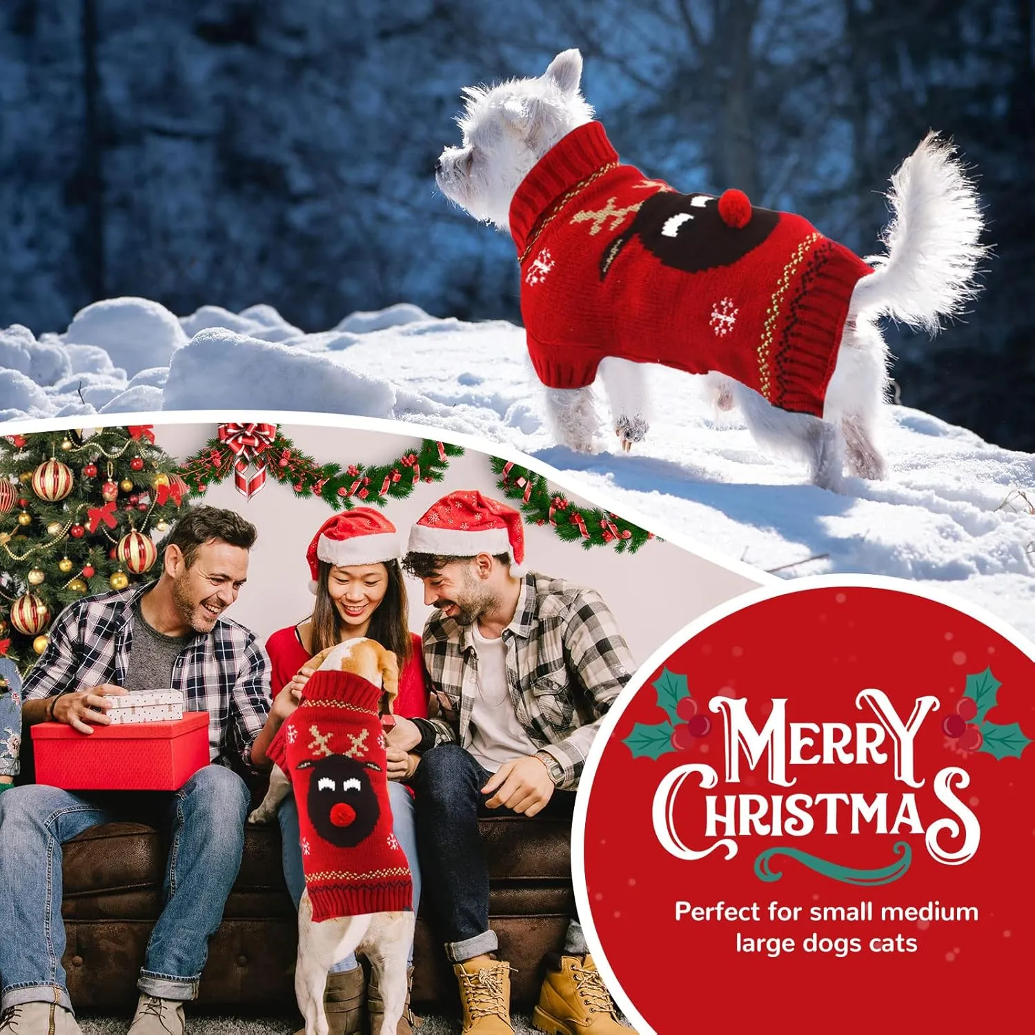 PETCARE Ugly Christmas Sweater - Funny Cute Reindeer Cat & Dog Sweaters - Red, X-Small to Large, Fall Winter Xmas Dog Costume