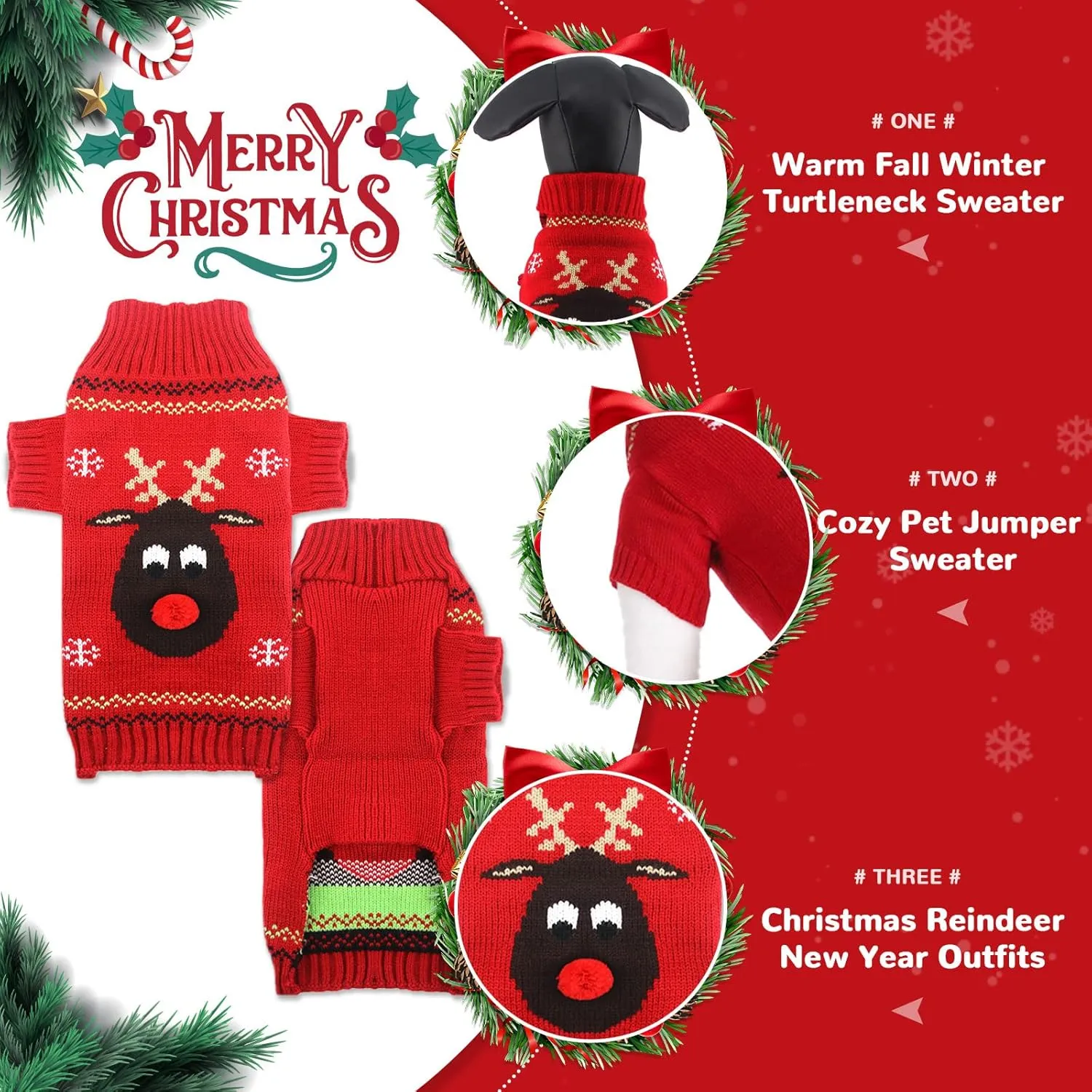 PETCARE Ugly Christmas Sweater - Funny Cute Reindeer Cat & Dog Sweaters - Red, X-Small to Large, Fall Winter Xmas Dog Costume