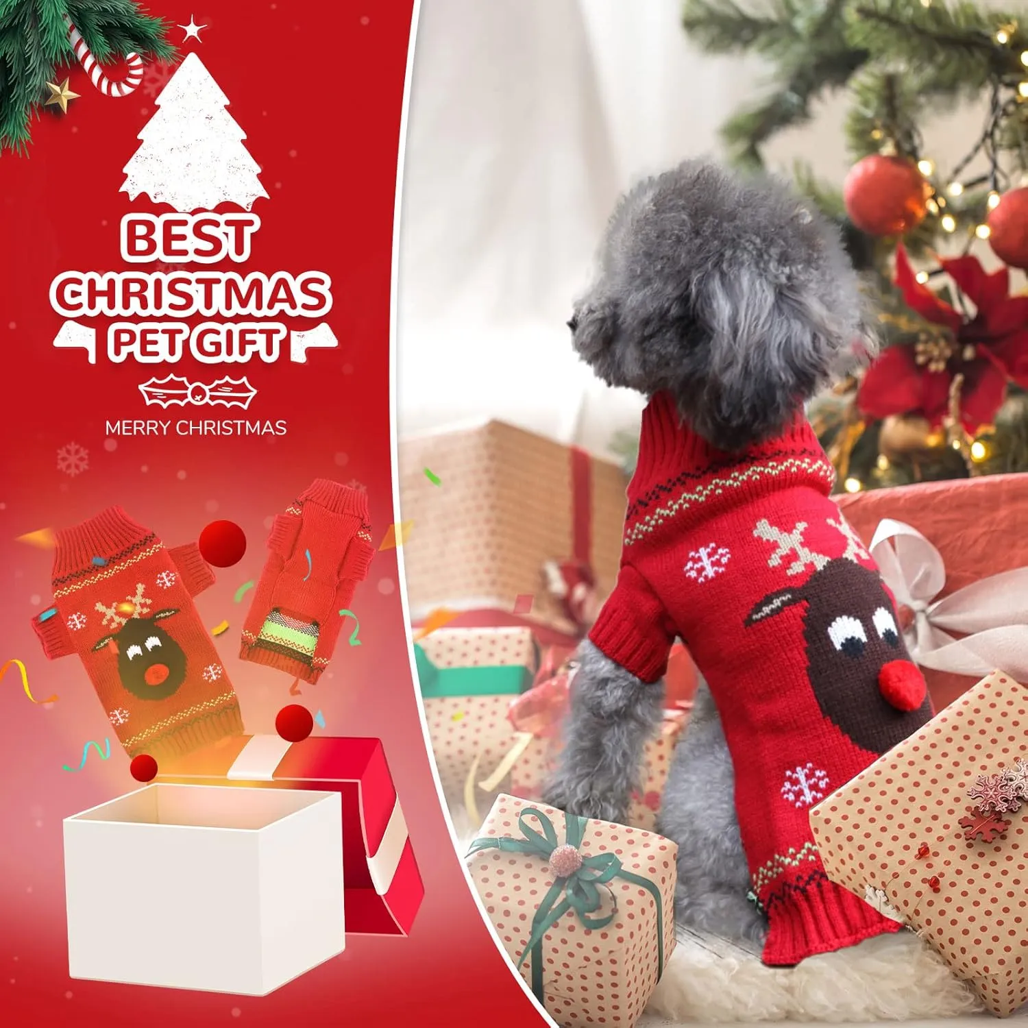 PETCARE Ugly Christmas Sweater - Funny Cute Reindeer Cat & Dog Sweaters - Red, X-Small to Large, Fall Winter Xmas Dog Costume