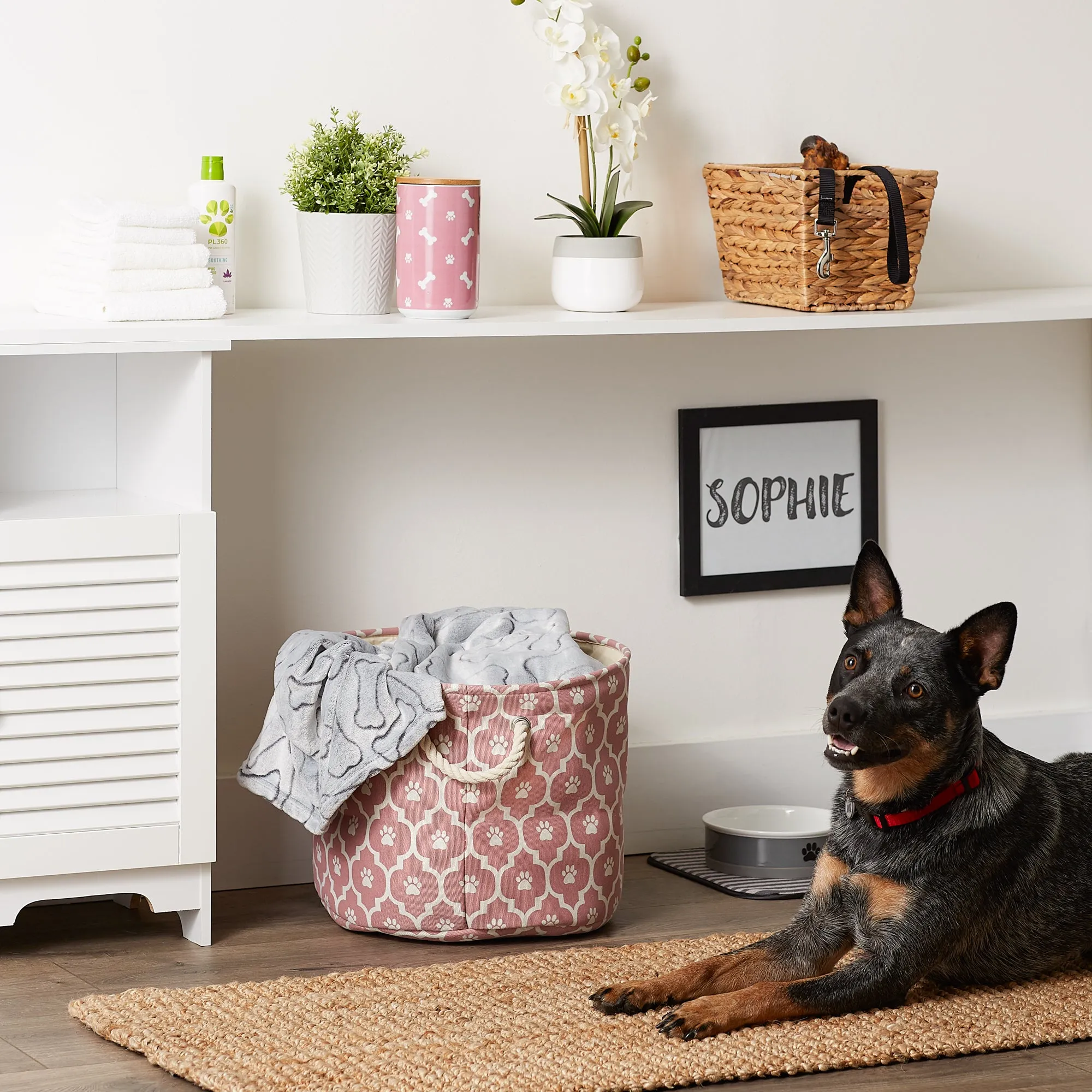 Polyester Pet Bin Lattice Paw Rose Round Medium 12X15X15