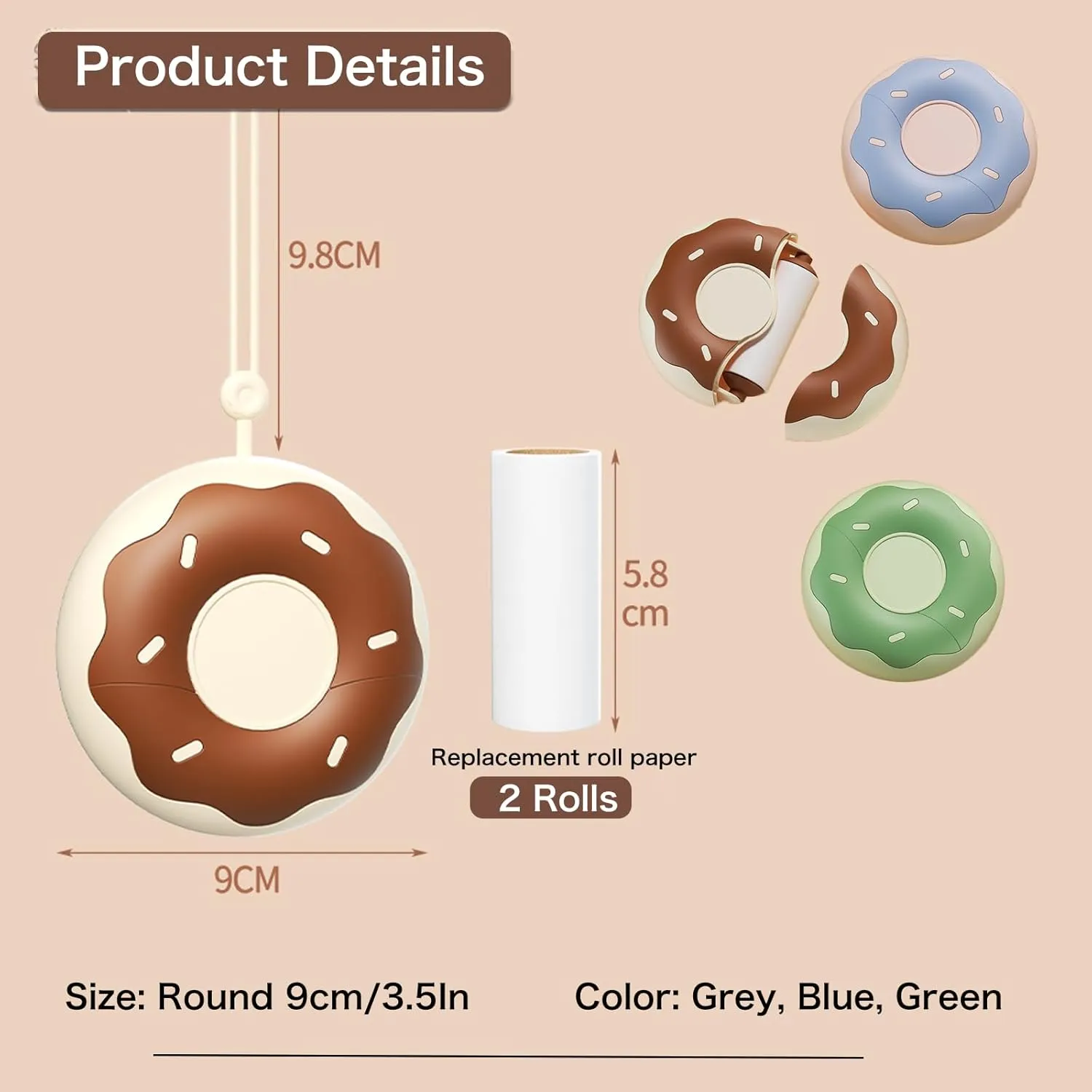 Portable Donut Shape Portable Lint Remover Roller, Reusable Mini Lint Roller, Pet Hair Remover for Clothes with 90 Sheets Refillable (Green)