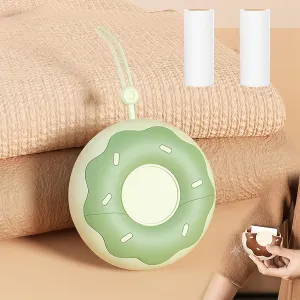 Portable Donut Shape Portable Lint Remover Roller, Reusable Mini Lint Roller, Pet Hair Remover for Clothes with 90 Sheets Refillable (Green)