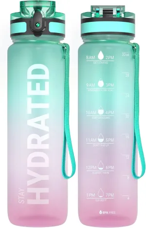 Sahara Sailor Water Bottle 32oz, Durable and Leakproof Water Bottles Motivational with Time Marker, Tritan, BPA Free, Wide Mouth with Easy Clean Brush for Gym, Travel, Home, School, Office (1 Bottle)