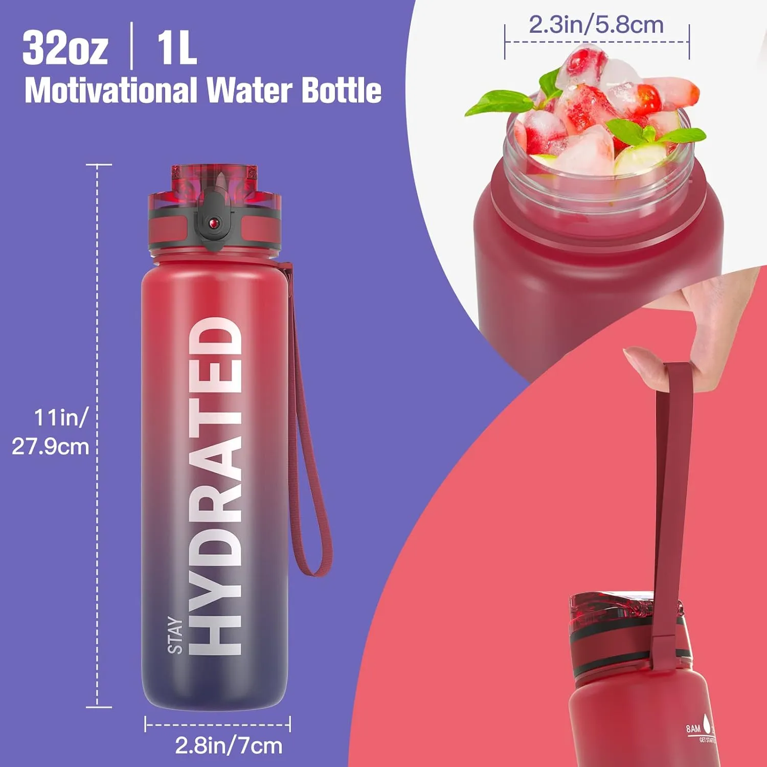 Sahara Sailor Water Bottle 32oz, Durable and Leakproof Water Bottles Motivational with Time Marker, Tritan, BPA Free, Wide Mouth with Easy Clean Brush for Gym, Travel, Home, School, Office (1 Bottle)