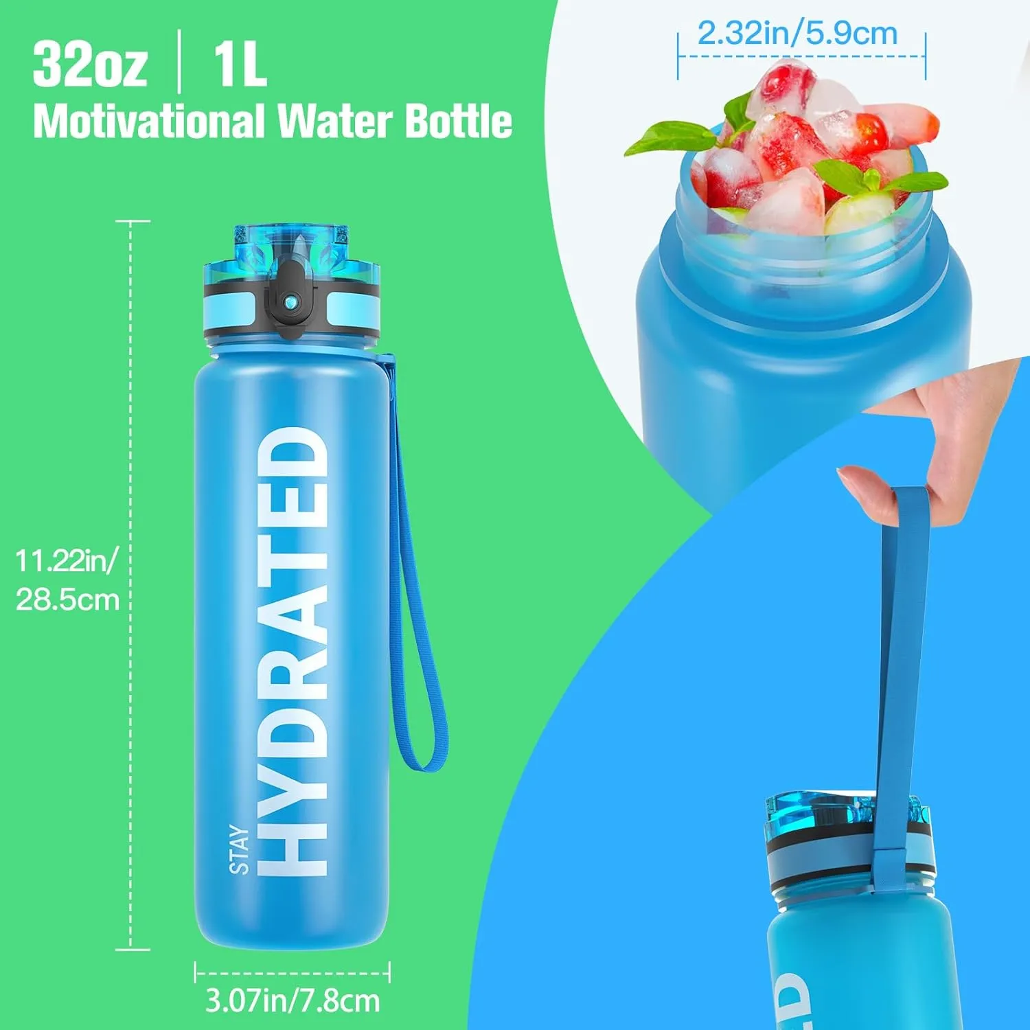 Sahara Sailor Water Bottle 32oz, Durable and Leakproof Water Bottles Motivational with Time Marker, Tritan, BPA Free, Wide Mouth with Easy Clean Brush for Gym, Travel, Home, School, Office (1 Bottle)
