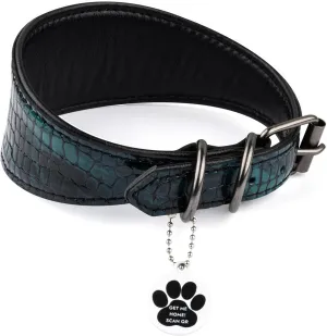 Sighthound Wide Leather Dog Collar with ID Tag QR for Whippet Italian Greyhound Saluki Borzoi Lurcher Spanish Galgo, Luxury Dog Collars, Soft Leather Dog Collar for Sensitive Neck (Green, S)