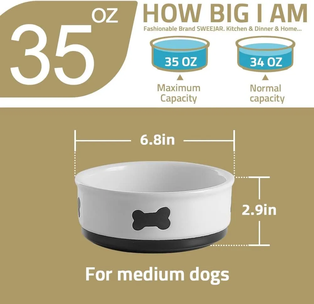 Sweejar Ceramic Dog Bowls with Bone Pattern, Dog Food Dish for Medium Dogs, Porcelain Pet Bowl for Water 35 Fl Oz (Beige)
