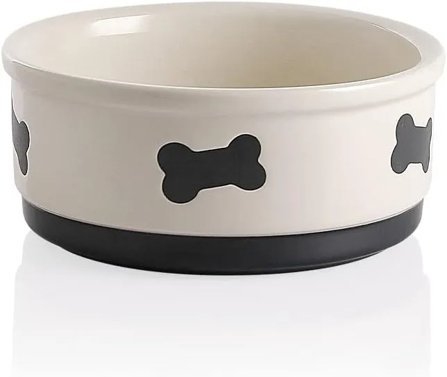 Sweejar Ceramic Dog Bowls with Bone Pattern, Dog Food Dish for Medium Dogs, Porcelain Pet Bowl for Water 35 Fl Oz (Beige)