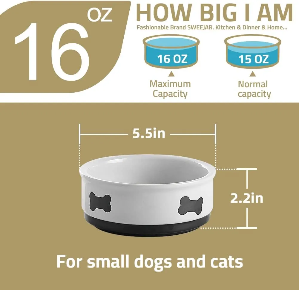 Sweejar Ceramic Dog Bowls with Bone Pattern, Dog Food Dish for Small Dogs, Porcelain Pet Bowl for Water 16 Fl Oz (Fog Blue)