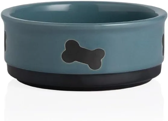 Sweejar Ceramic Dog Bowls with Bone Pattern, Dog Food Dish for Small Dogs, Porcelain Pet Bowl for Water 16 Fl Oz (Fog Blue)