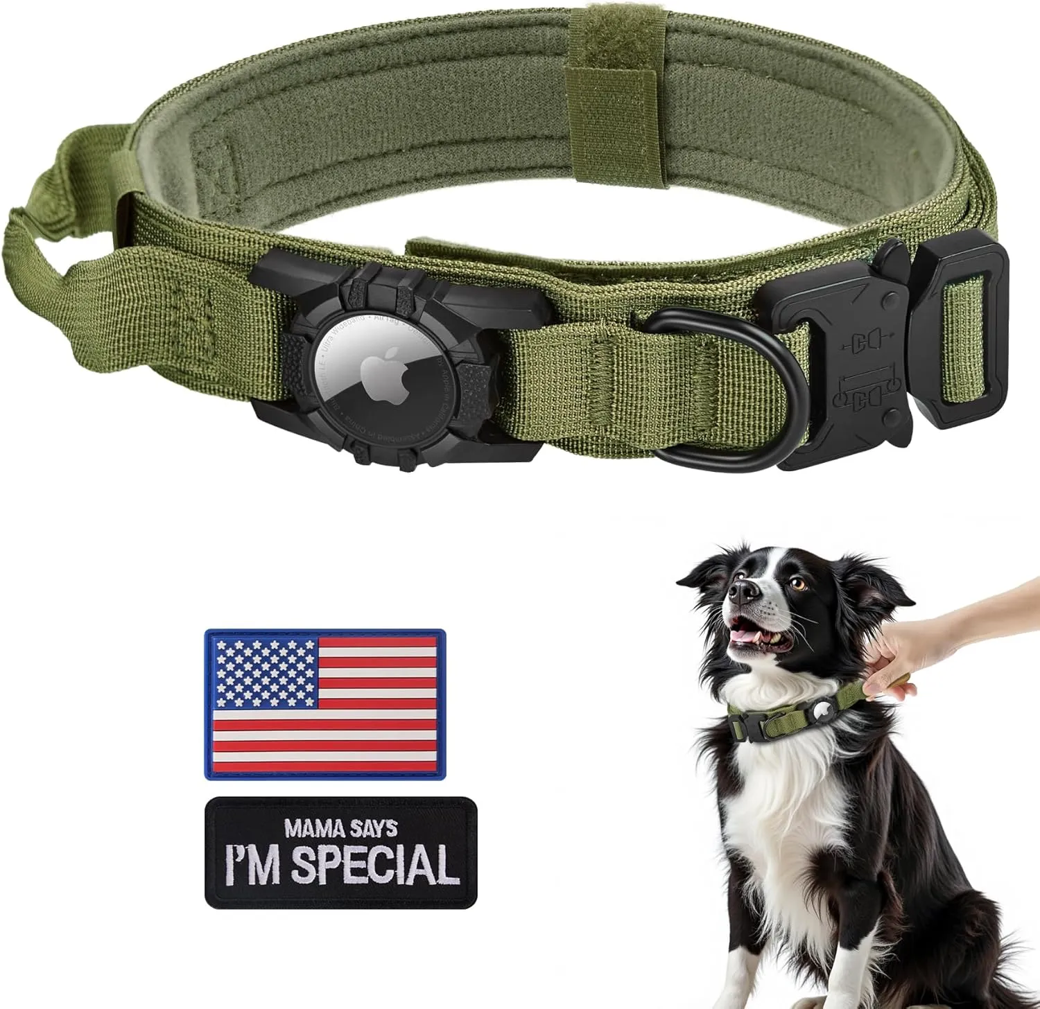 Tactical AirTag Dog Collar - Heavy Duty, Adjustable GPS Collar Compatible with Apple AirTag, with Holder & Control Handle for Medium/Large Dogs [ Green, M ]