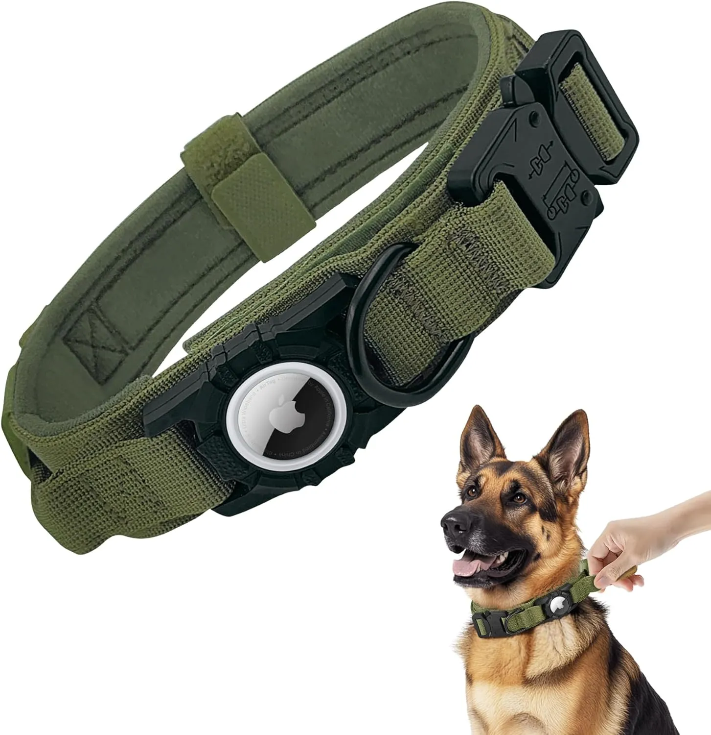 Tactical AirTag Dog Collar - Heavy Duty, Adjustable GPS Collar Compatible with Apple AirTag, with Holder & Control Handle for Medium/Large Dogs [ Green, M ]
