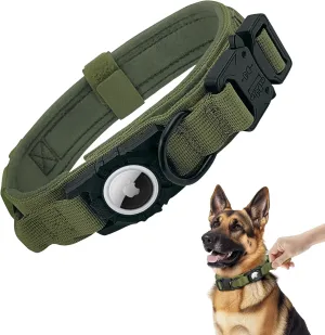 Tactical AirTag Dog Collar - Heavy Duty, Adjustable GPS Collar Compatible with Apple AirTag, with Holder & Control Handle for Medium/Large Dogs [ Green, M ]