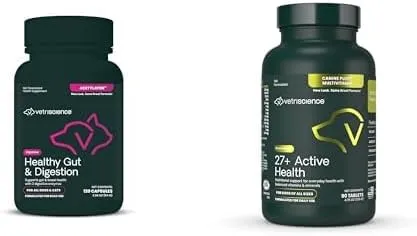 VetriScience Pet Health Bundle: Healthy Gut & Digestion Capsules (120 Count)   27  Active Health Daily Multivitamin Duck Chewable Tablets (90 Count) for Dogs and Cats