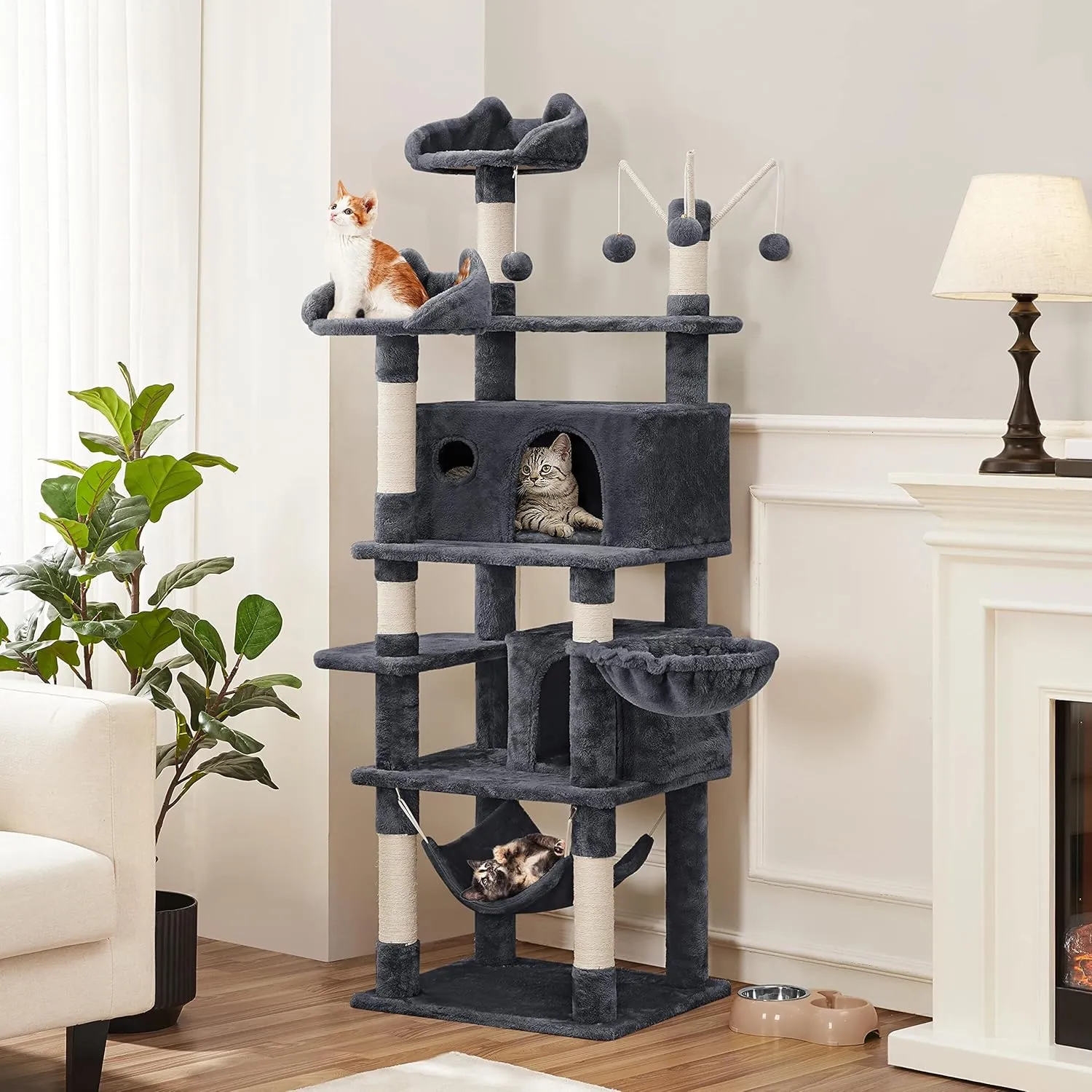 Yaheetech Cat Tower, 67in Condos with 3 Removable Kitty Teaser Sticks, Hammock, Scratching Posts, Basket for Indoor Large Kittens, Multi-Level, Dark Gray