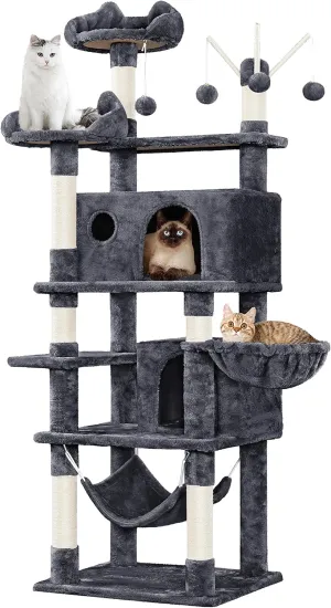 Yaheetech Cat Tower, 67in Condos with 3 Removable Kitty Teaser Sticks, Hammock, Scratching Posts, Basket for Indoor Large Kittens, Multi-Level, Dark Gray